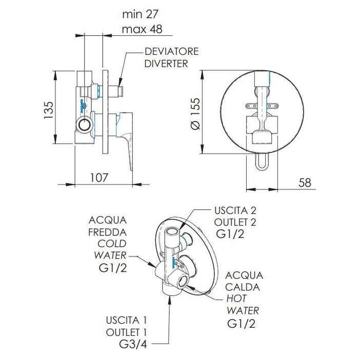Daniel Rubinetterie - Miscelatore monocomando a incasso per doccia/vasca con deviatore Smart SR612CR