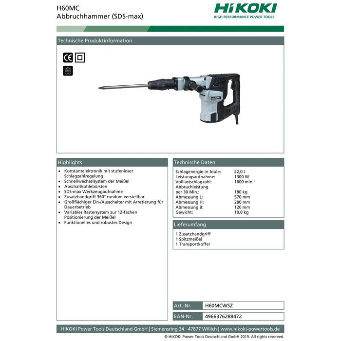 Hikoki H60MCWSZ Martello Demolitore 1.250 W 14 J (Epta), 1250 W, 230 V - Martelli demolitori